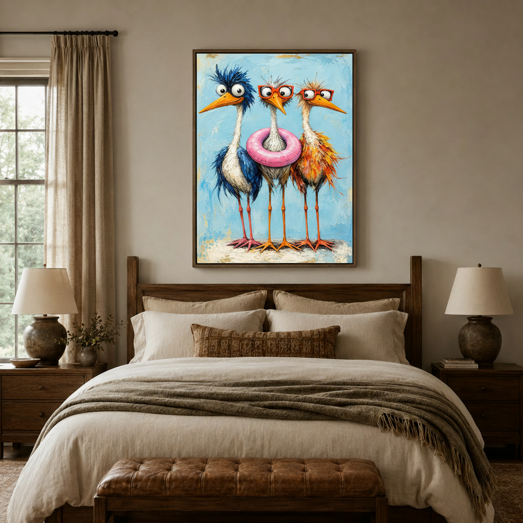 Humorous three bird oil painting above bed in cozy bedroom showing bold blue background