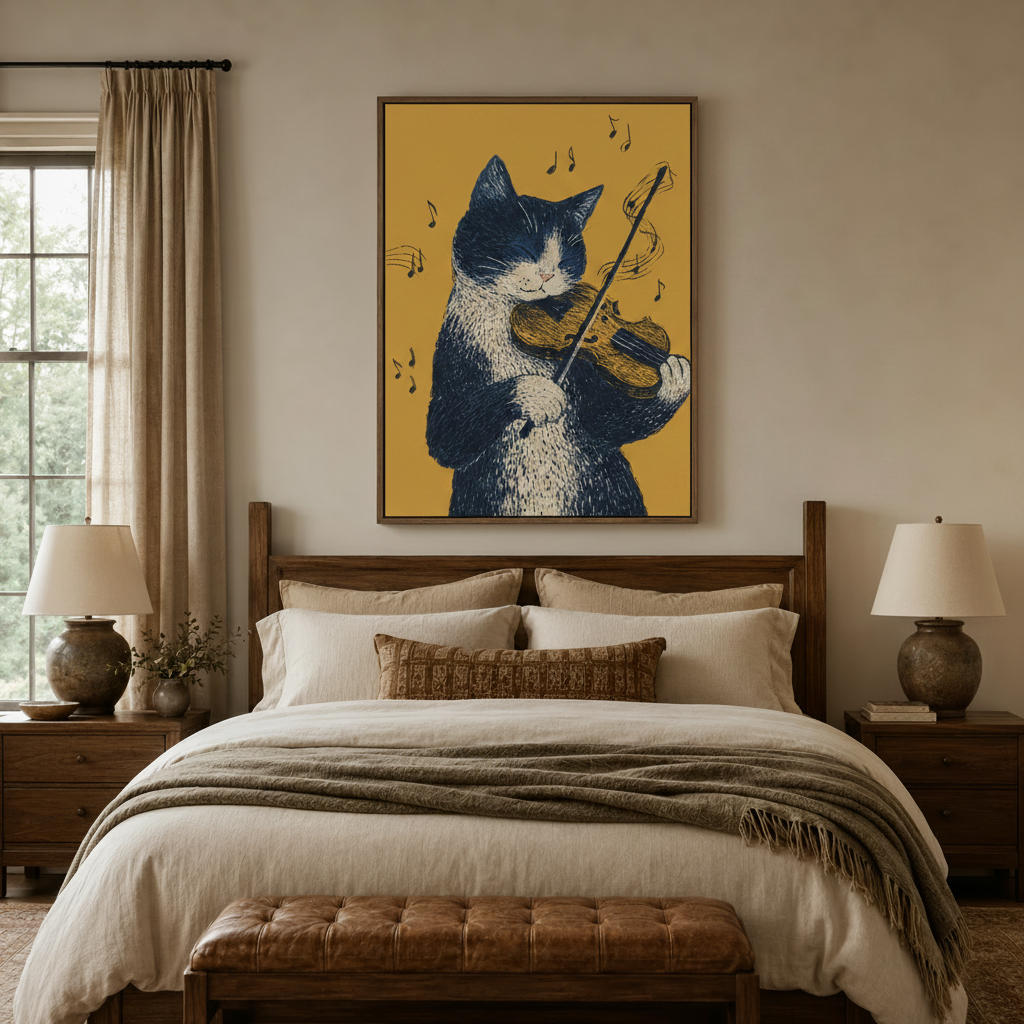  Navy and gold cat music canvas print above bed in cozy neutral bedroom