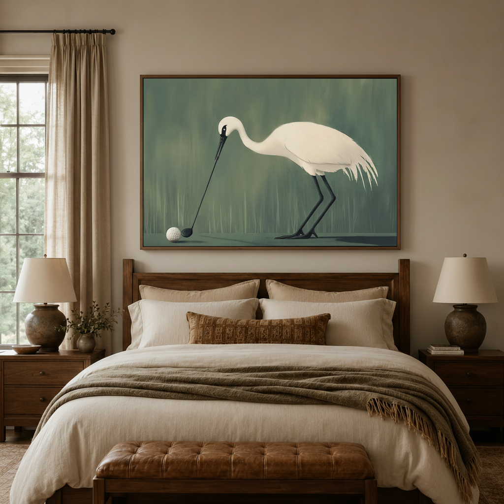 Large horizontal egret golf canvas art centered above bed headboard in cozy bedroom