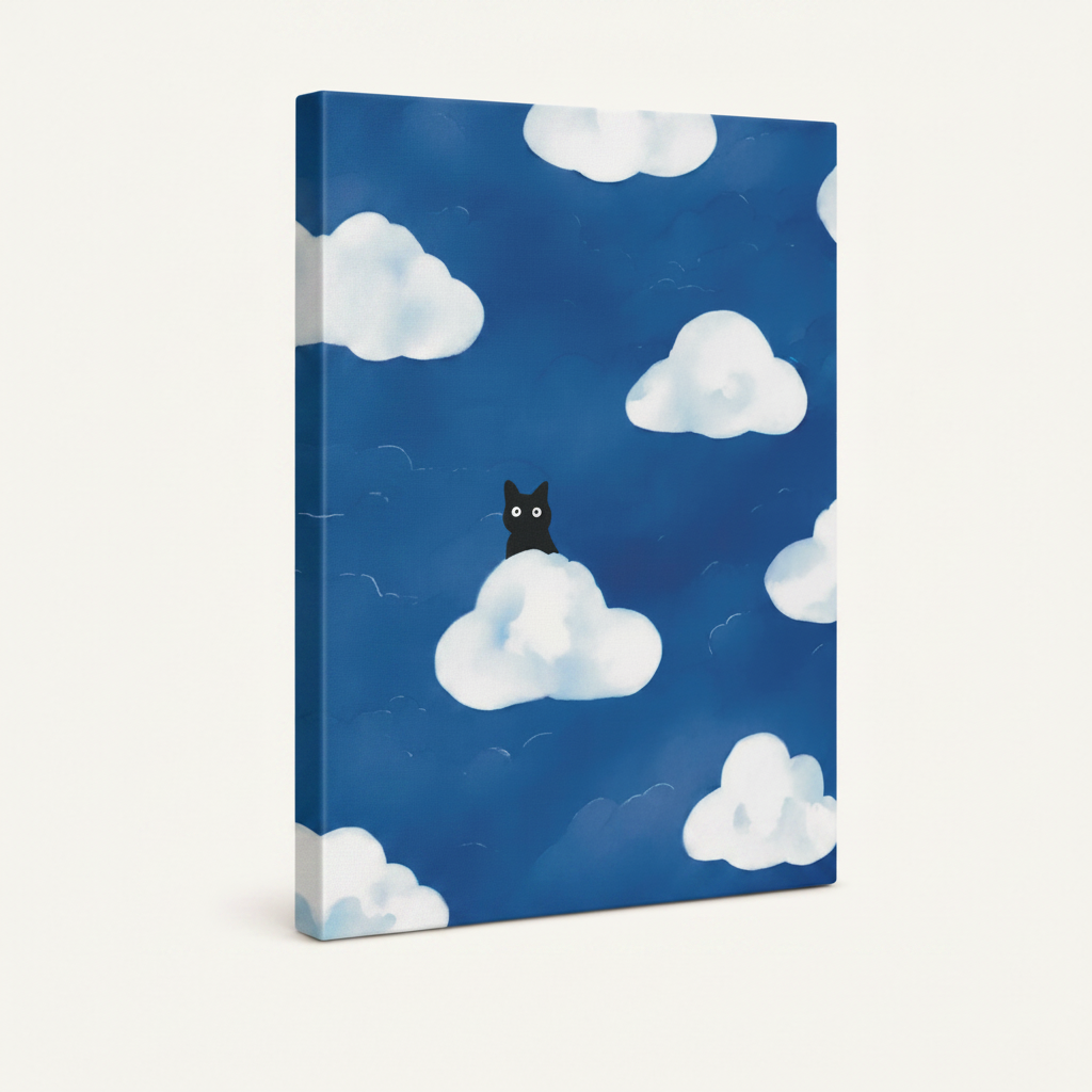 Cute black cat floating on cloud gallery wrap canvas side view deep blue sky no frame cream background