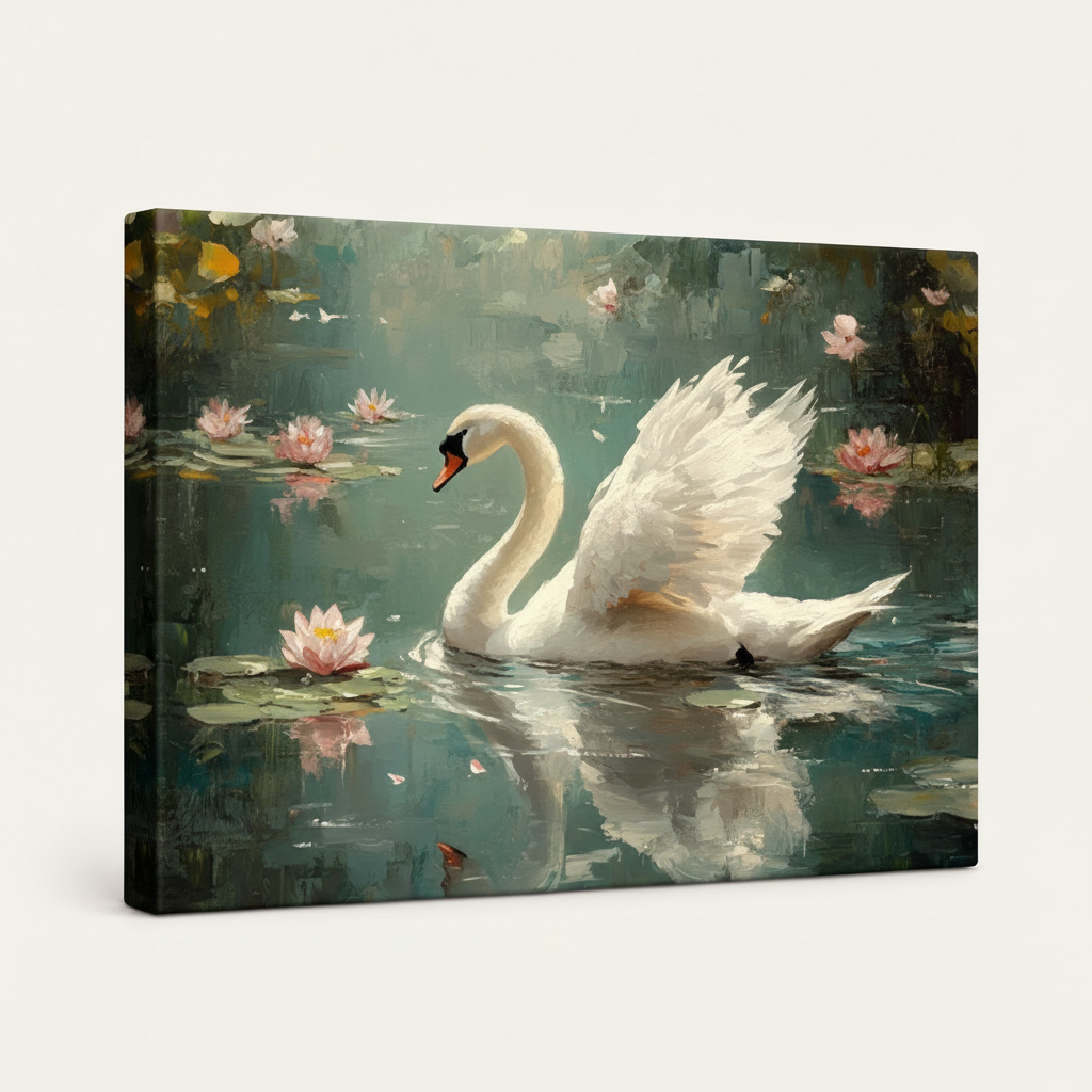 Gallery wrapped swan lotus pond impressionist canvas side view showing teal-green water tones wrapping edges