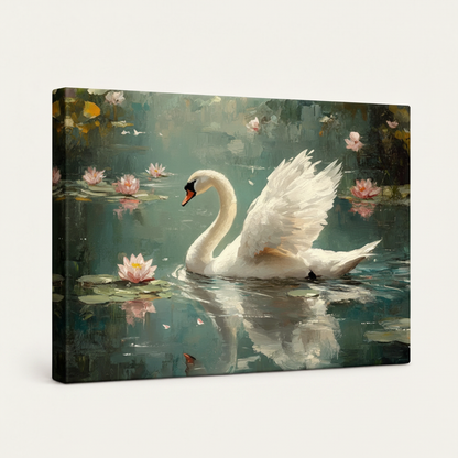 Gallery wrapped swan lotus pond impressionist canvas side view showing teal-green water tones wrapping edges
