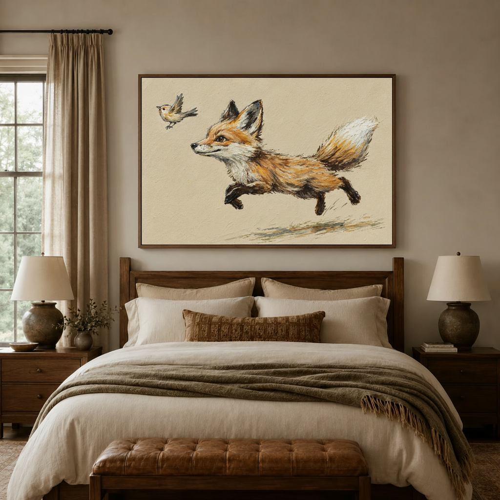Playful fox canvas art displayed above a cozy wooden bedroom set