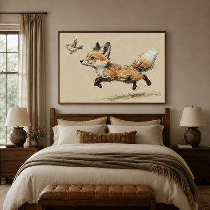 Playful fox canvas art displayed above a cozy wooden bedroom set