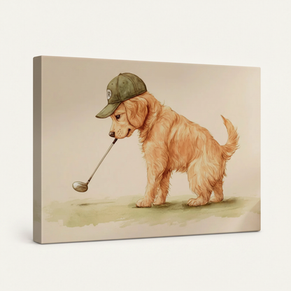 Gallery wrapped golden retriever golf illustrated canvas side view showing warm beige tones wrapping edges