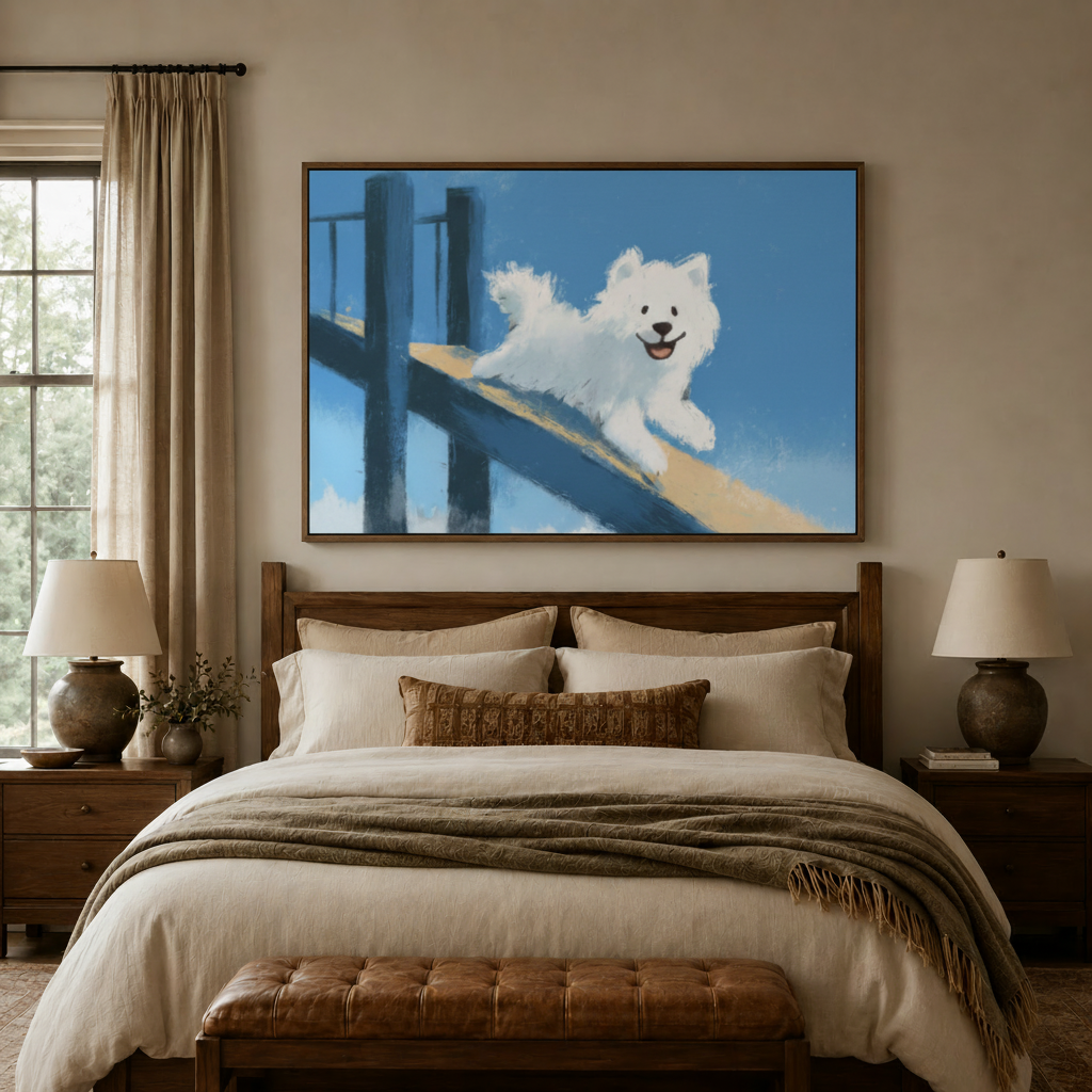 Fluffy white dog canvas styled as cheerful bedroom or family room decor