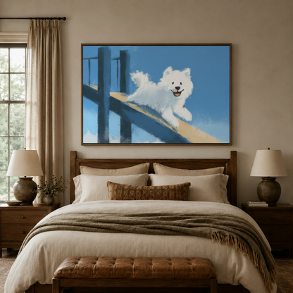 Fluffy white dog canvas styled as cheerful bedroom or family room decor