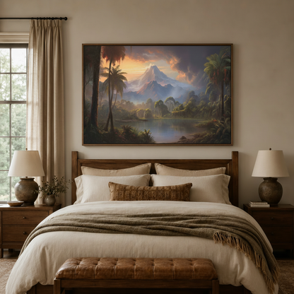 Dramatic volcano sunset canvas wall art hung above bed in neutral bedroom with walnut furniture and linen bedding