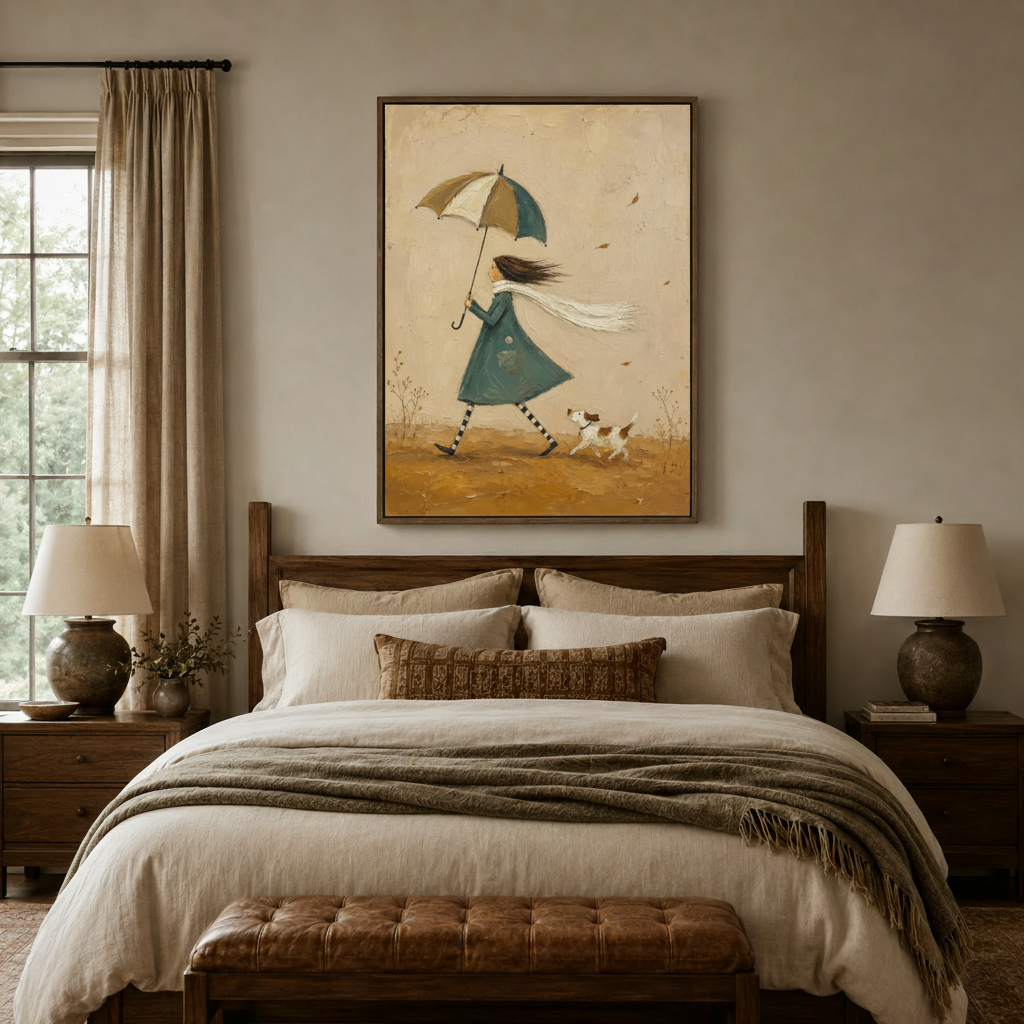 Charming teal coat girl dog walk art print above wooden bed in cozy neutral bedroom
