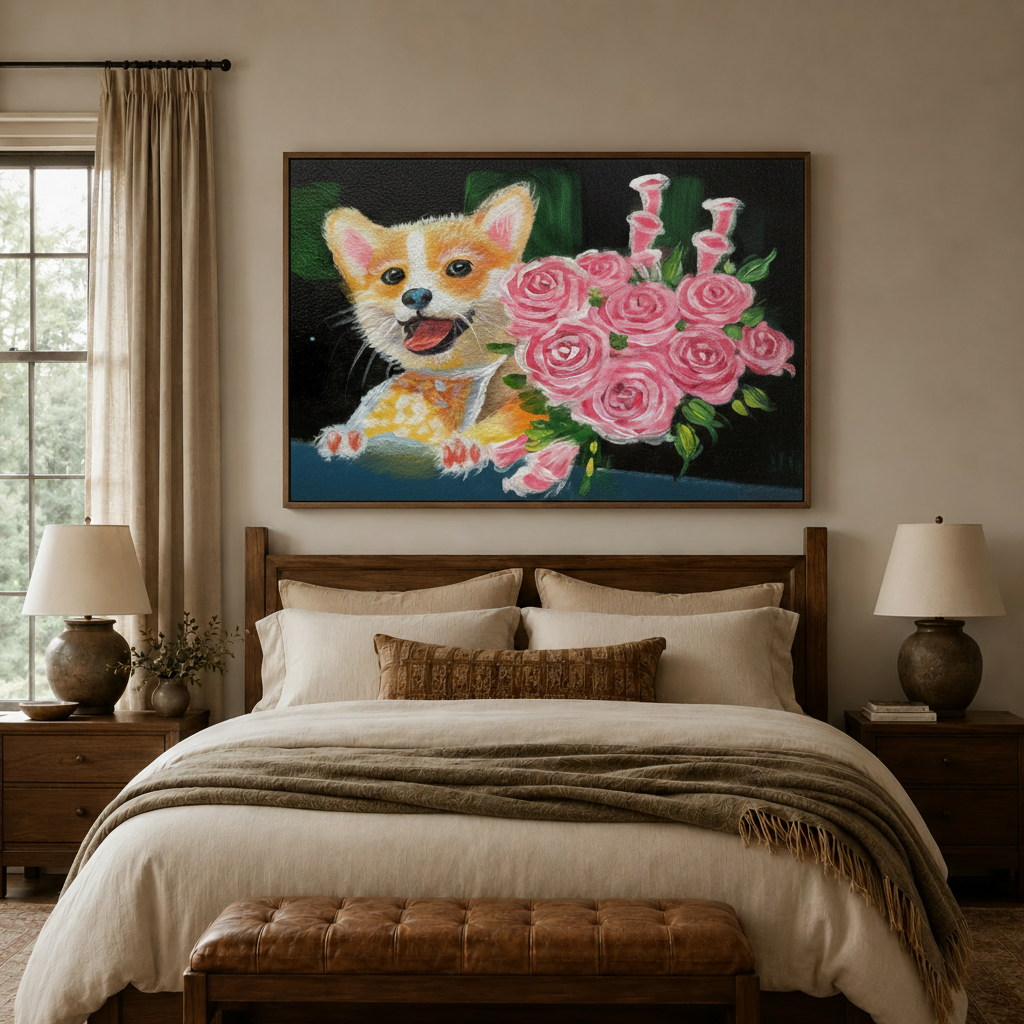 Folk art Corgi with pink roses framed canvas centered above bed in cozy neutral bedroom