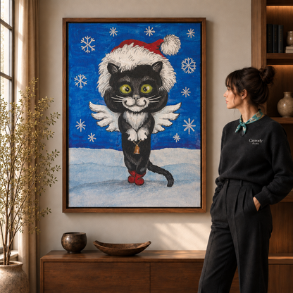 Black cat Christmas wall art displayed in a warm walnut wood interior beside a standing woman.