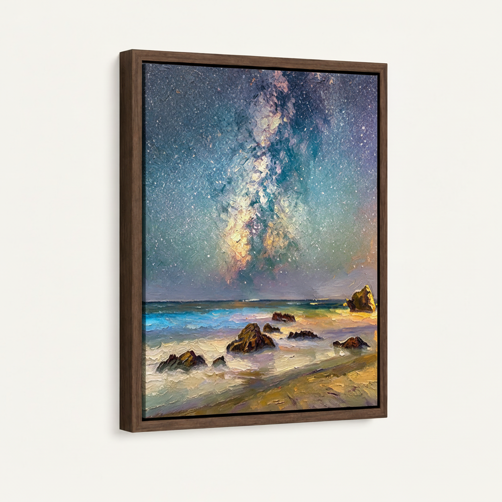 Coastal Milky Way impasto canvas in dark walnut float frame, 3/4 angle view on cream background