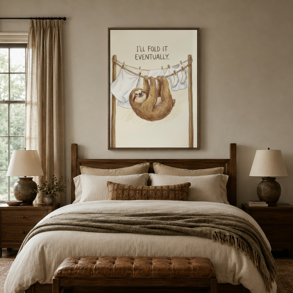 Cute sloth canvas print in float frame above dark walnut bed in cozy neutral bedroom