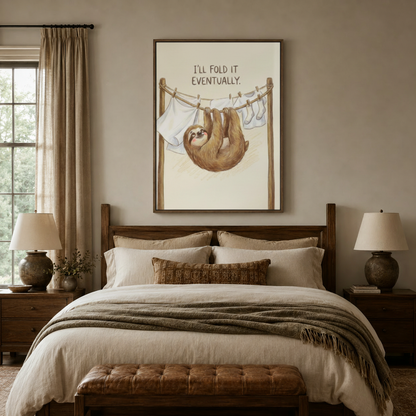 Cute sloth canvas print in float frame above dark walnut bed in cozy neutral bedroom