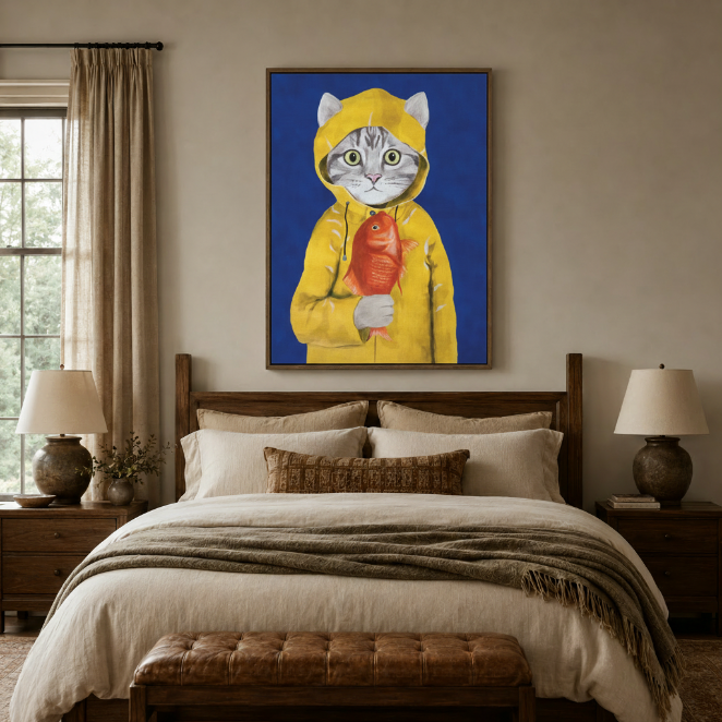 Bold pop art cat canvas print hanging above neutral bed in cozy modern bedroom