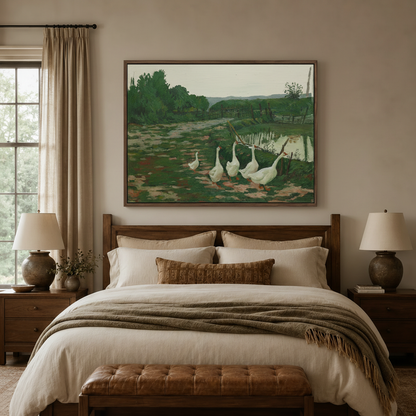 French pastoral geese canvas wall art above bed headboard in cozy warm-toned farmhouse bedroom