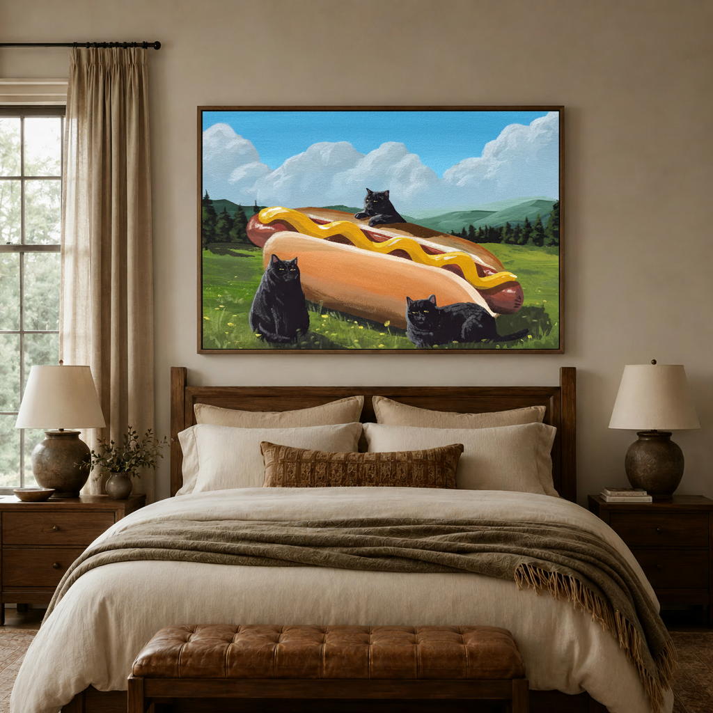 Whimsical black cat hot dog canvas wall art displayed above a warm wood bedroom