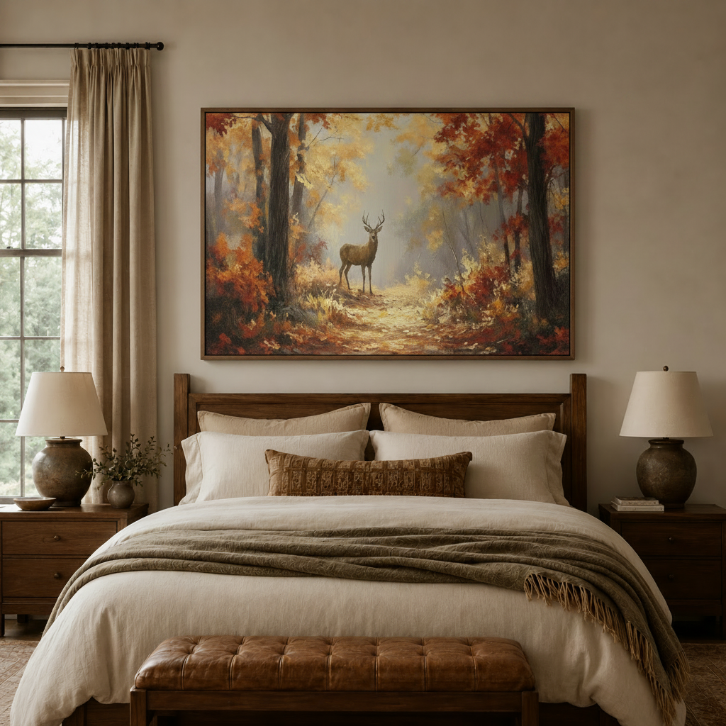 Autumn forest deer canvas art above dark walnut bed headboard in cozy neutral bedroom