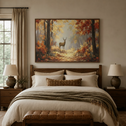 Autumn forest deer canvas art above dark walnut bed headboard in cozy neutral bedroom