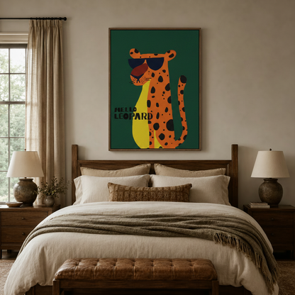 Funny animal graphic canvas above bed in cozy bedroom with walnut headboard and neutral linen bedding