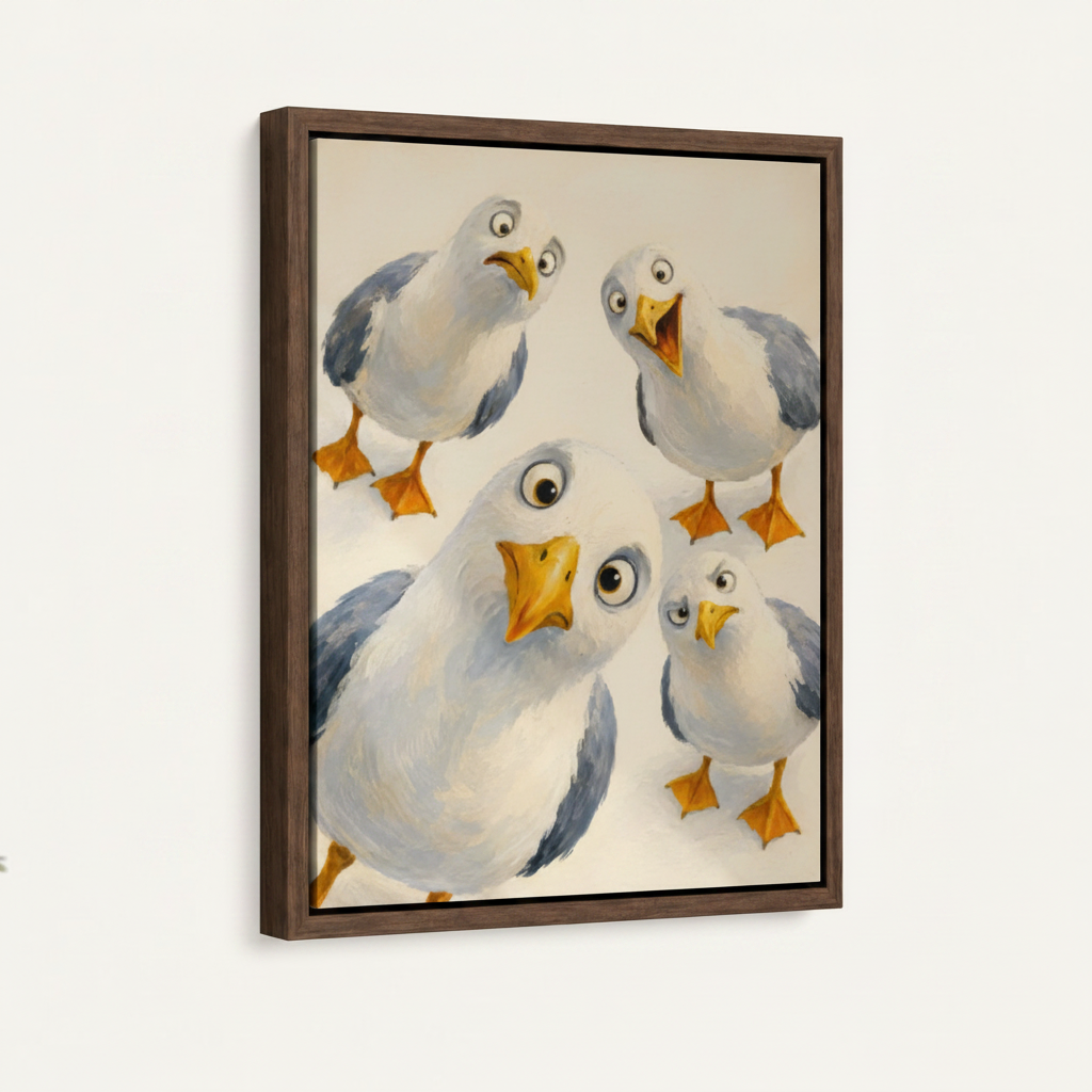 Framed funny seagull canvas print in dark walnut float frame angled product view