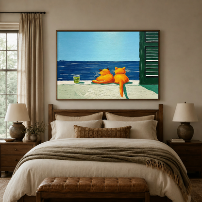 Vibrant cats by the sea canvas wall art centered above bed in warm neutral bedroom