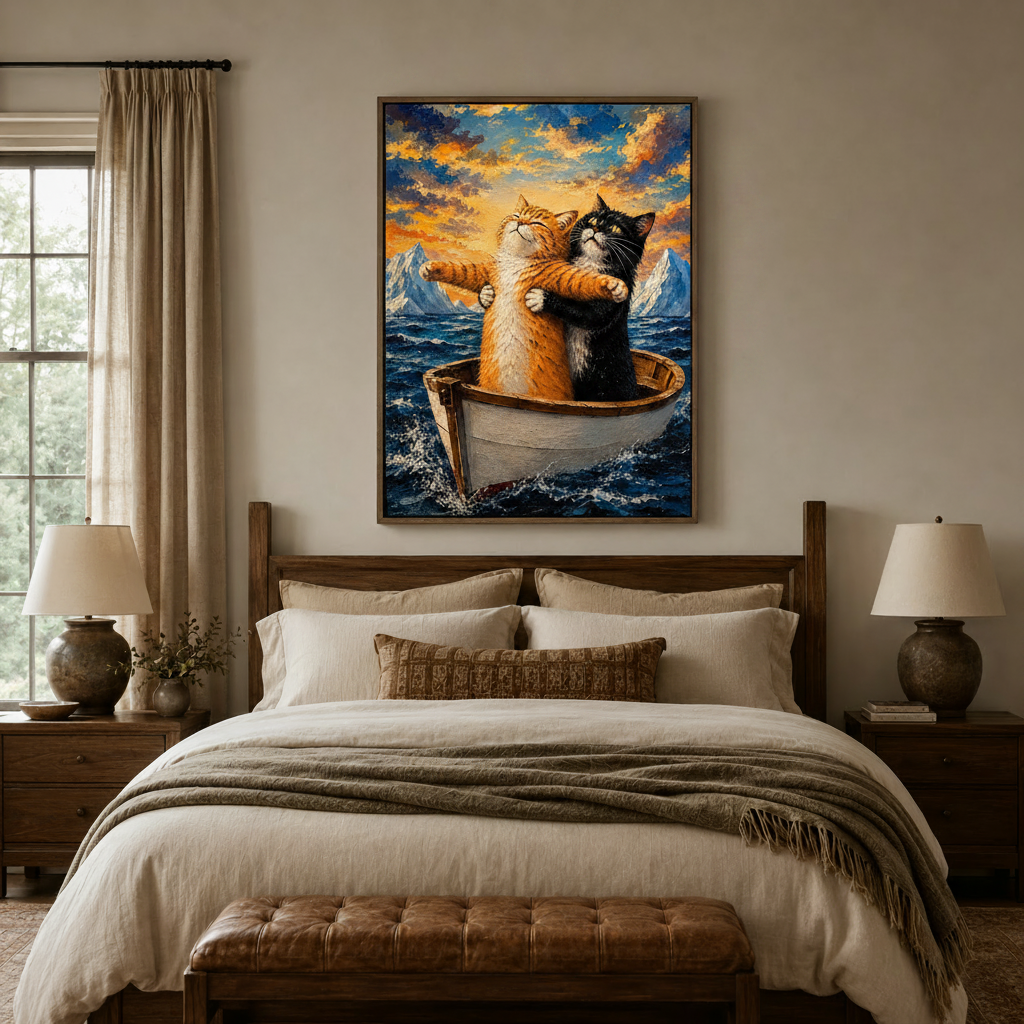 Whimsical cat lovers canvas art hung above a linen bed in a warm neutral bedroom setting