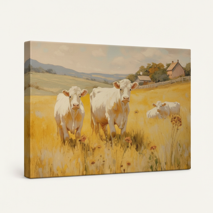 Gallery-wrapped white cows golden meadow pastoral canvas wall art with warm color wrap edges shown at left-angle view