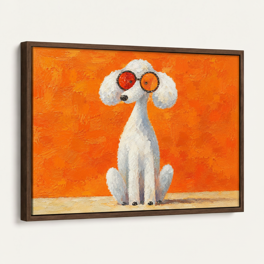 White poodle with red sunglasses cartoon canvas in dark walnut float frame, angled product shot on white background