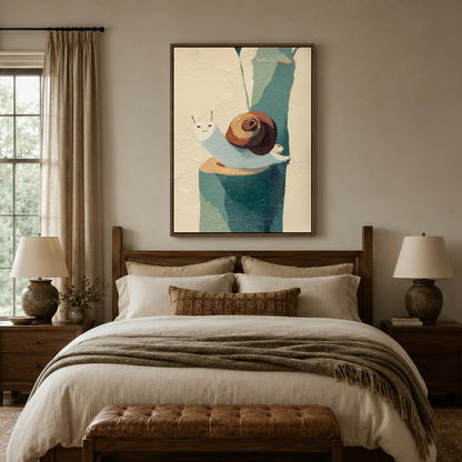 Nature-themed snail canvas hung above a walnut headboard in a cozy layered-linen bedroom