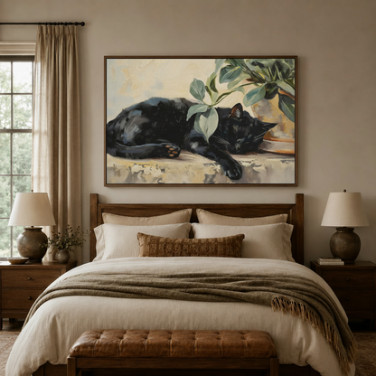 Sleeping black cat oil painting canvas hung above bed in warm earthy bedroom setting