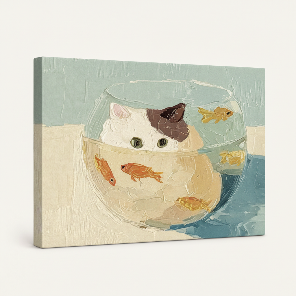 Gallery-wrapped cat in fishbowl canvas, 3/4 angle showing soft blue wrap edges and impasto texture