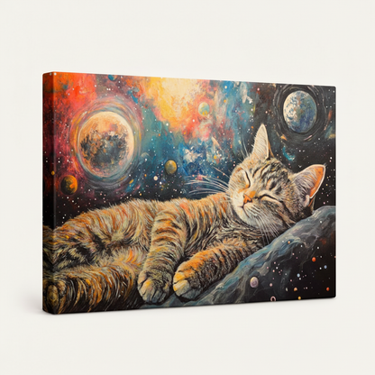 Gallery wrapped cat galaxy space impasto canvas side view showing deep black starry nebula tones wrapping edges