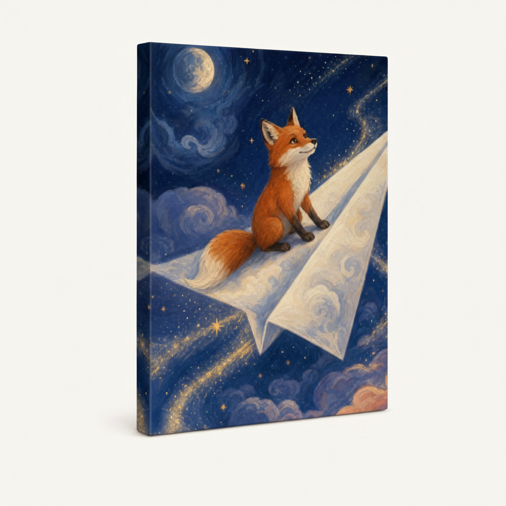 Gallery wrapped canvas print fox riding paper airplane through glittering blue starry night sky angled view