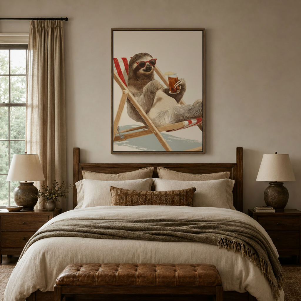Funny animal canvas print above wooden bed in warm bedroom interior decor setting