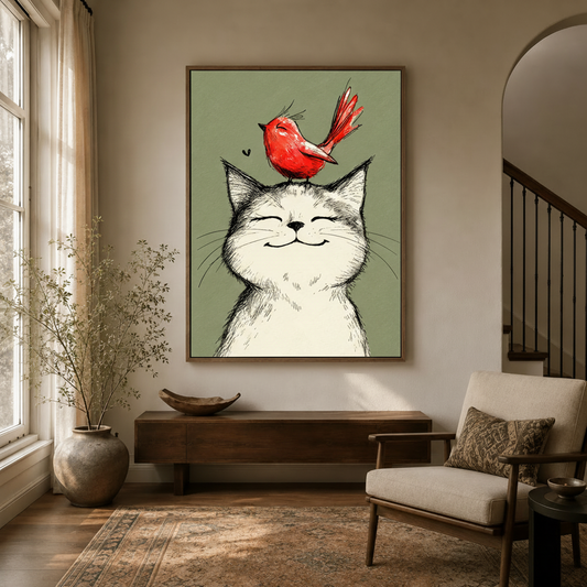 Oversized smiling cat red bird canvas wall art hung above dark console table in a bright transitional entryway with arch