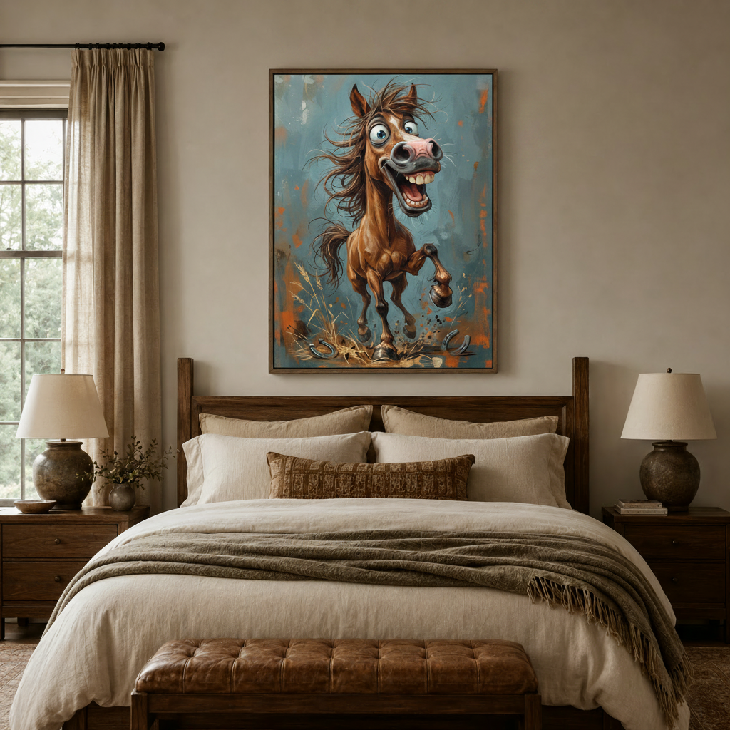 Expressive brown horse canvas wall art centered above a wood bed frame in a warm bedroom