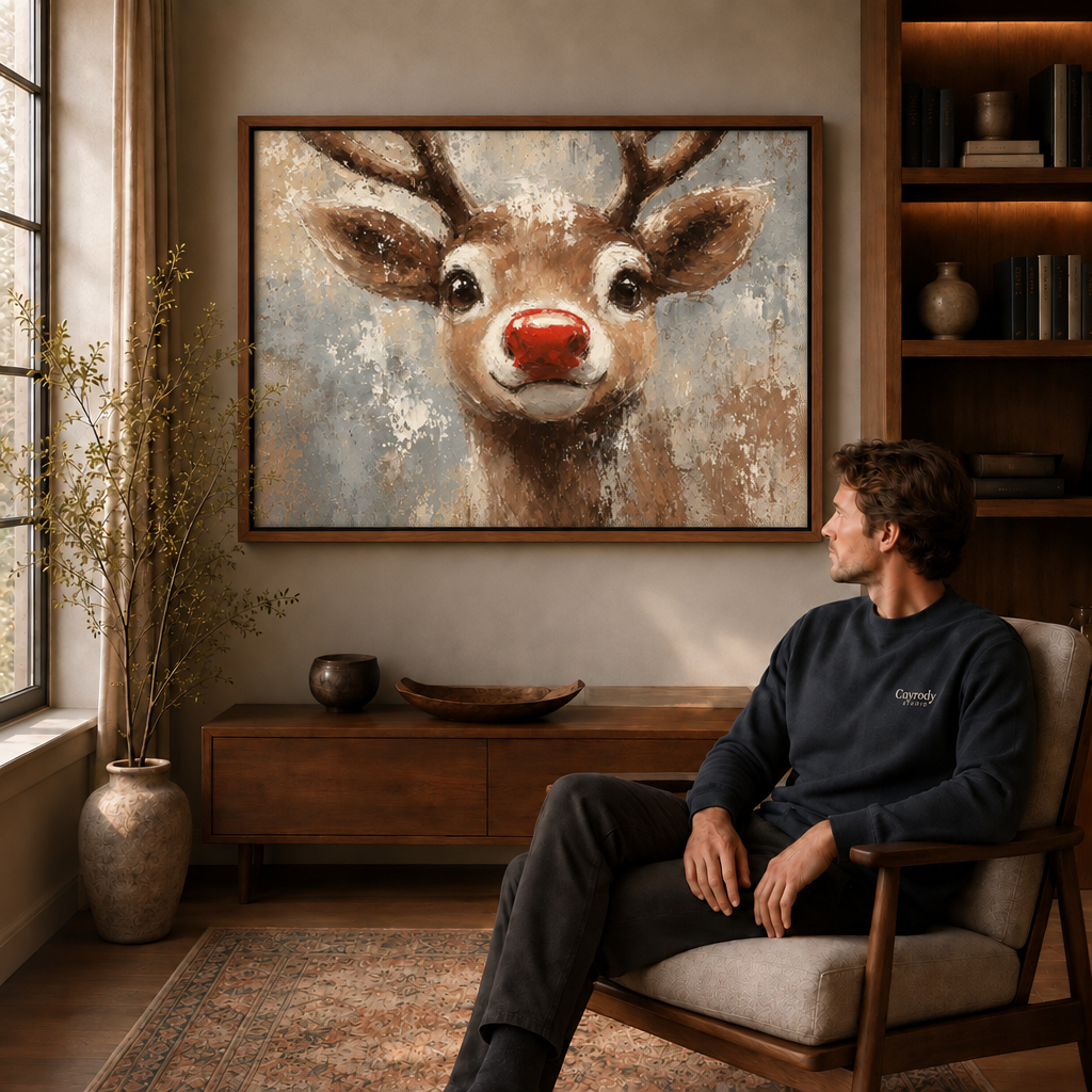 Red-nosed reindeer portrait in a walnut frame above a sideboard beside a seated man.