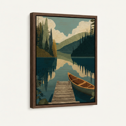 Woodblock-style lake canoe canvas in dark walnut float frame, 3/4 angle showing frame depth