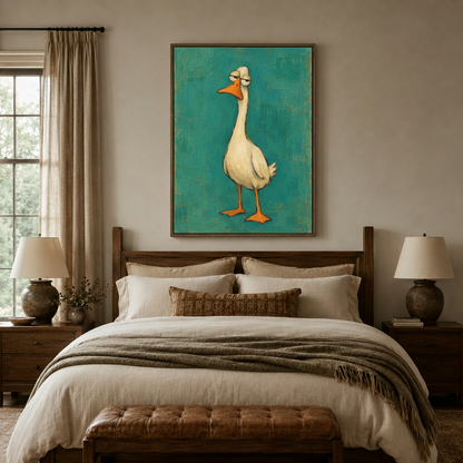 Whimsical grumpy goose painting in float frame above bed in warm neutral bedroom