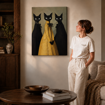 Gallery-wrapped three black cats canvas art displayed above a round wood coffee table