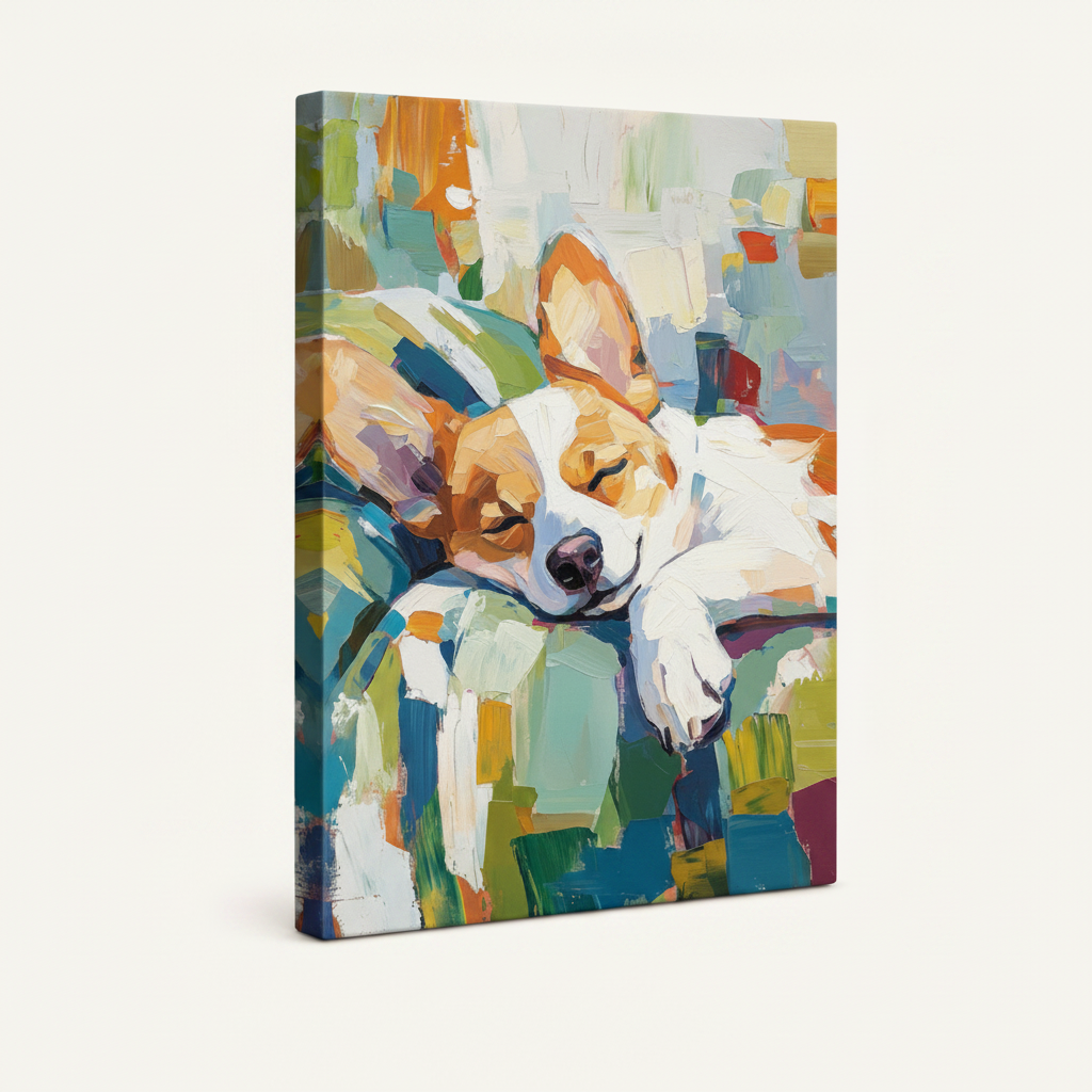 Gallery-wrapped sleeping corgi impasto canvas, thick wrap edges and vibrant colors visible on white background