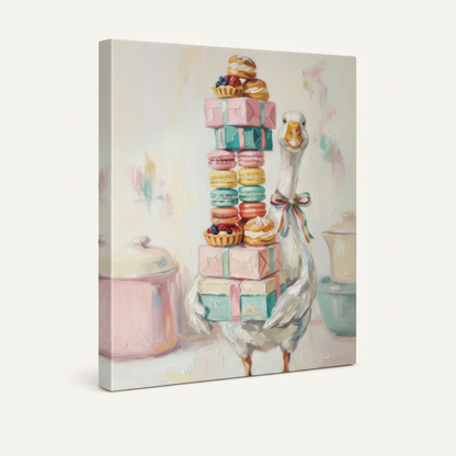 Gallery-wrapped whimsical goose pastel macarons canvas with soft pink mint wrap edges on left side
