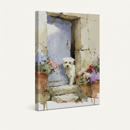 Gallery-wrapped white terrier lavender door watercolor canvas showing warm beige wrap edges, no frame