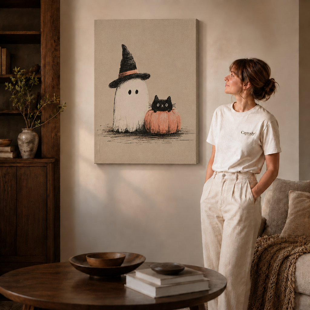Ghost and black cat pumpkin canvas displayed in a softly lit contemporary living room.