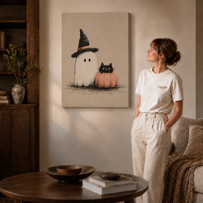 Ghost and black cat pumpkin canvas displayed in a softly lit contemporary living room.