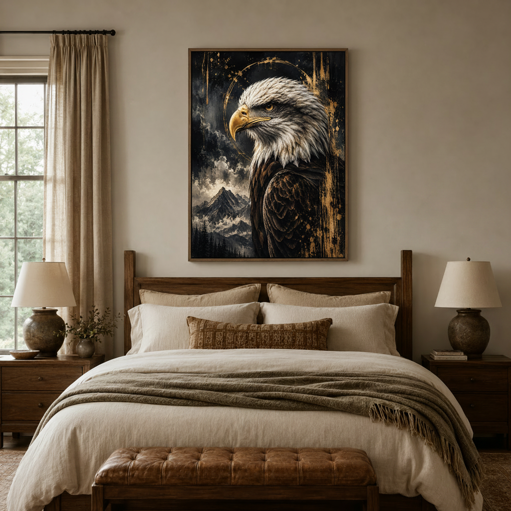 Bold wildlife eagle painting above bed in warm bedroom with linen bedding and wood furniture