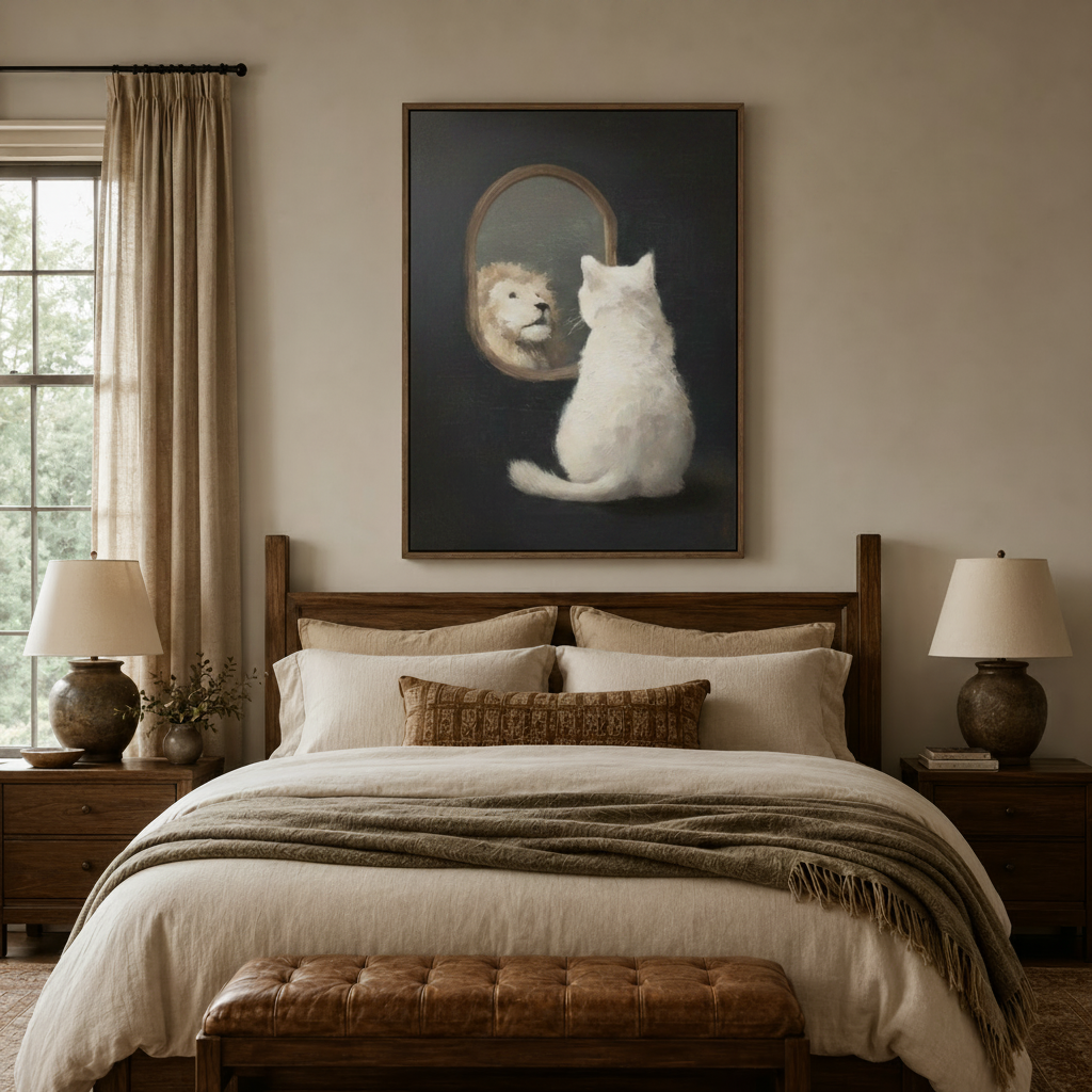 Painterly white cat lion reflection canvas wall art above wooden bed headboard in cozy bedroom