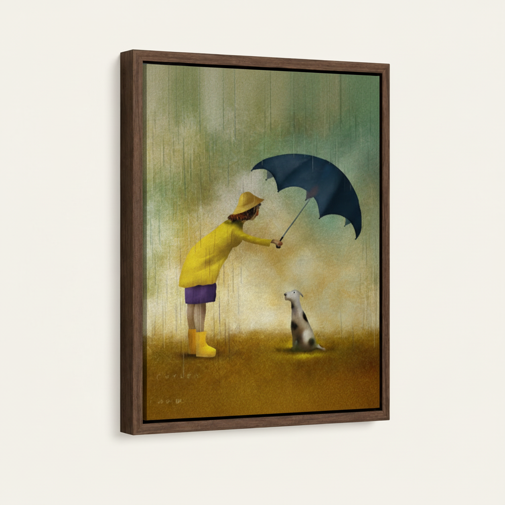 Close-up of framed canvas showing girl leaning toward small dog under a blue umbrella in the rain