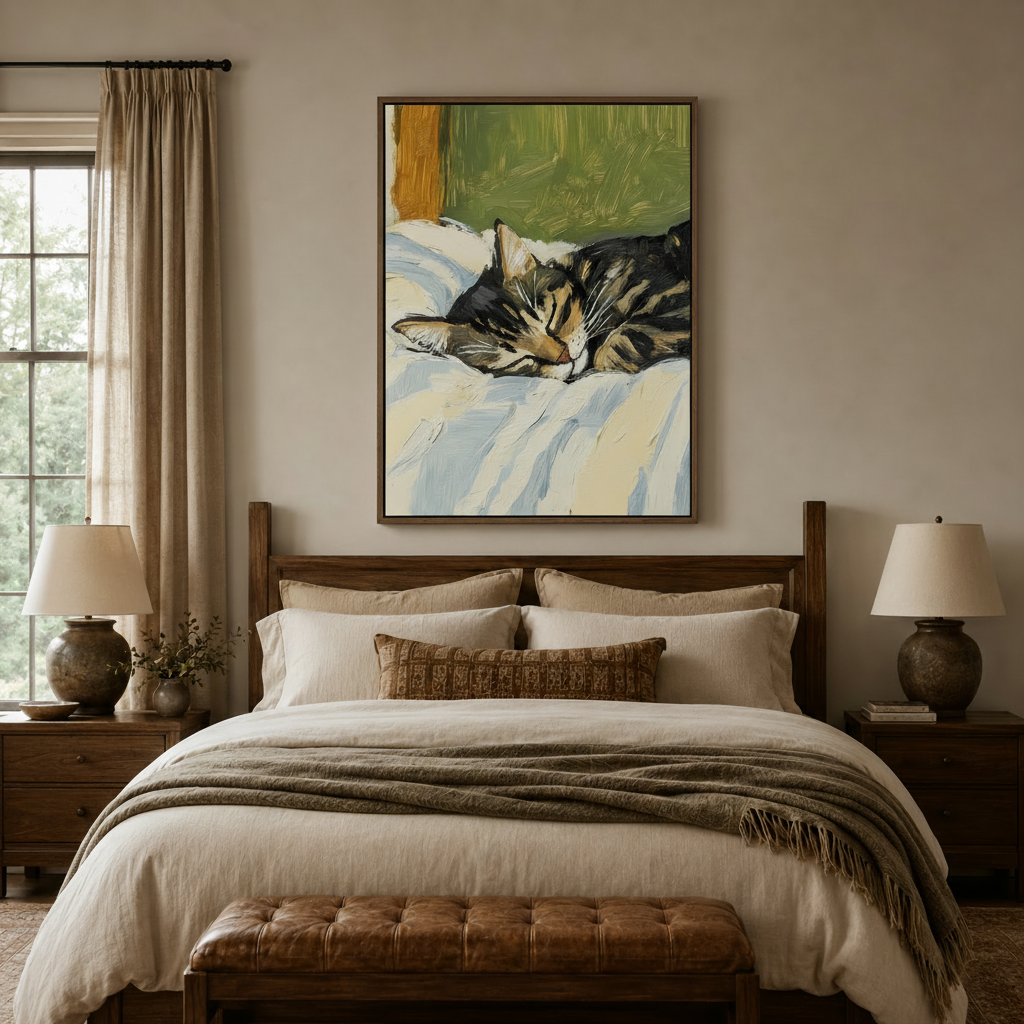 Cozy cat oil painting canvas above bed in warm-toned rustic bedroom setting